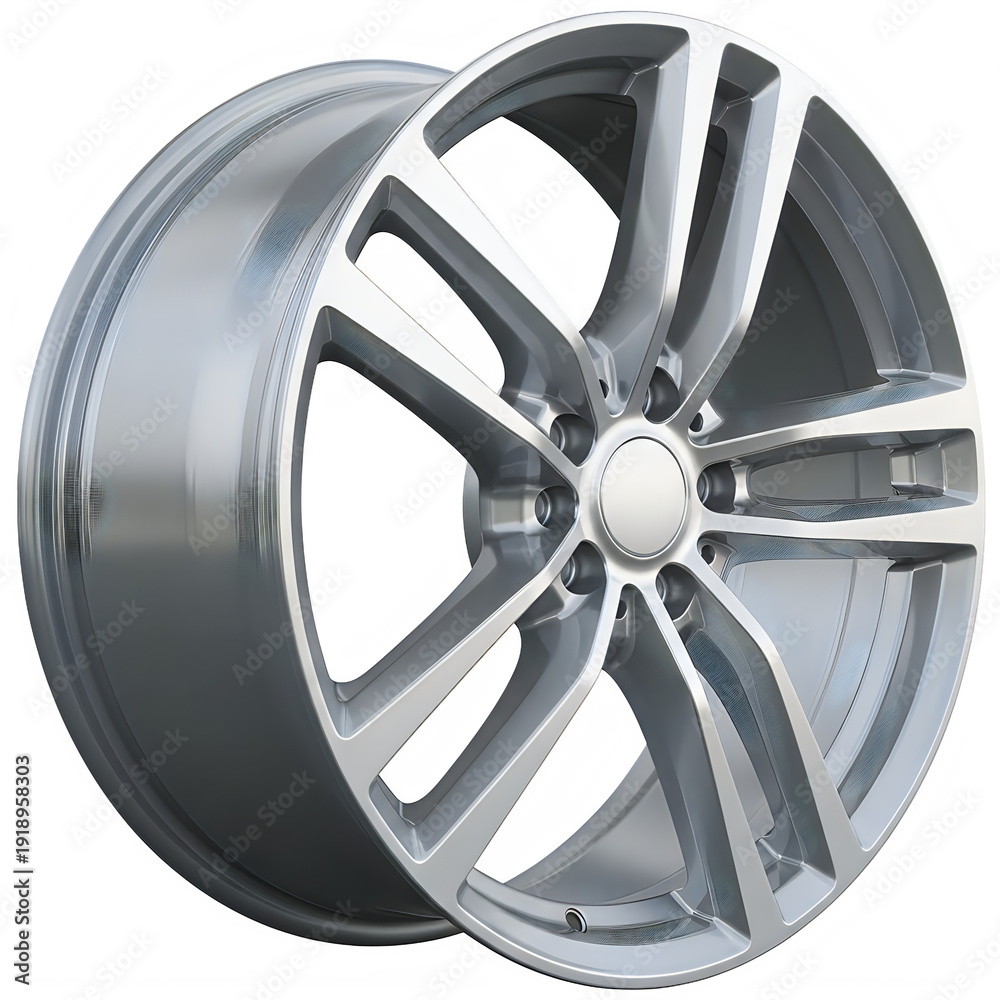 Obraz premium Silver alloy car wheel with sleek spokes isolated on transparent background