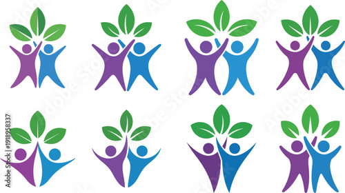 Diverse people celebrating with leaves symbolizing growth and harmony