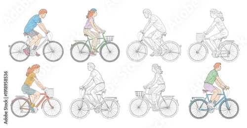 collection of bicyclists riding bicycle in a line art