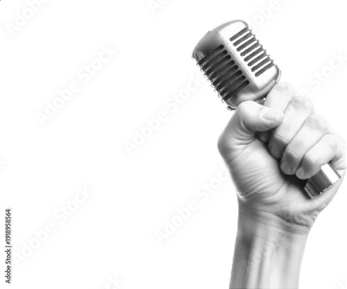 A hand holding a microphone in a pixelated style on a white background