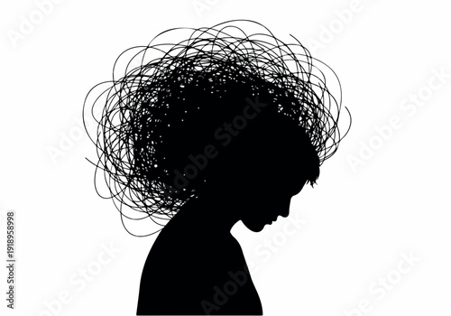 Profile silhouette of a person with a tangled mess of lines representing their thoughts and mind on a white background, symbolizing mental chaos or confusion