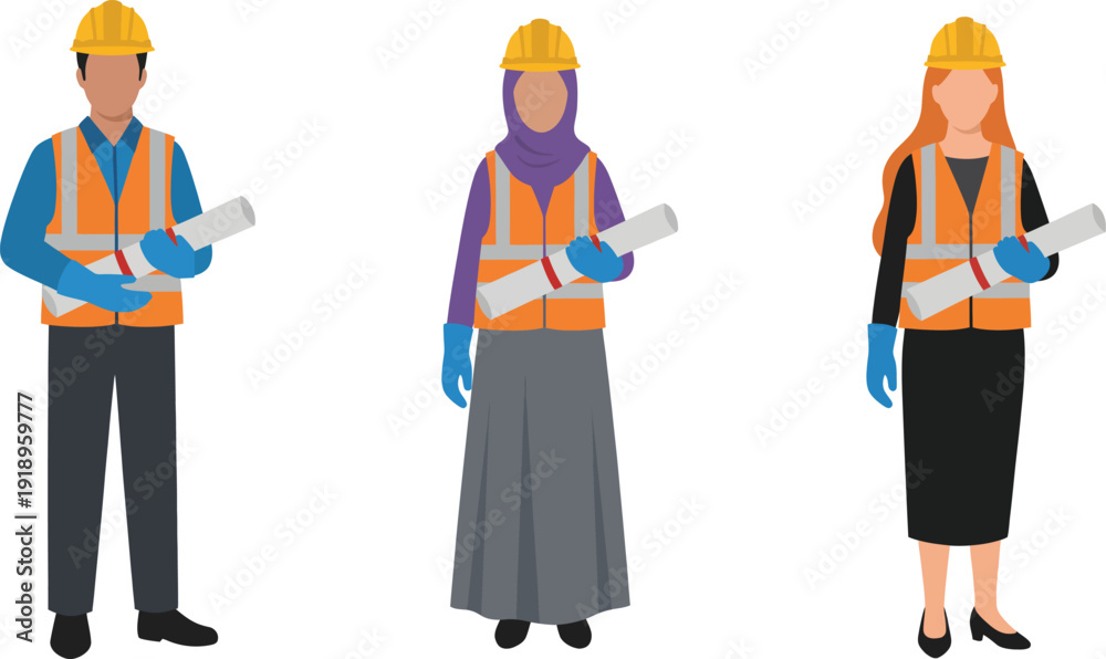 Fototapeta premium Construction workers diverse team safety gear holding blueprints site planning