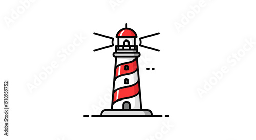 Stylized lighthouse with red and white stripes emitting light.