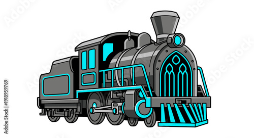 Vintage steam engine with glowing blue accents.