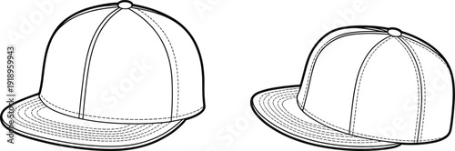 baseball, cap, snapback, hat, headwear, flat, brim, outline, lineart, vector, fashion, accessory, streetwear, sport, casual, front, side, view, template, illustration