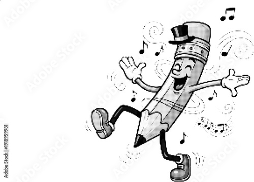 A cartoon pencil character dancing with musical notes and a top hat on a white background