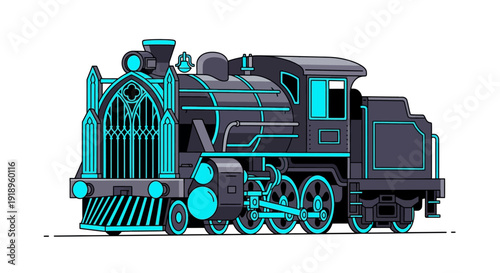 Gothic style steam locomotive with teal accents on a white background.