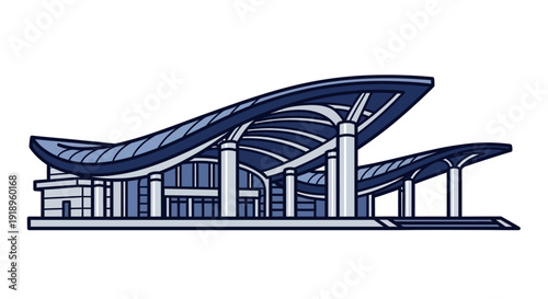 Stylized Vector Illustration of a Modern Iconic Building with a Curved Blue Roof