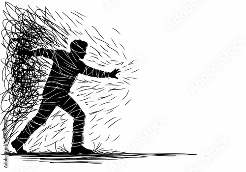 The Struggle of a Human Figure Breaking Free from Chaos and Anxiety in a Striking Illustration