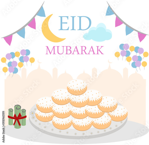 Eid Al Fitr Greeting Card with Kahk Cookies and Eidiya Money – Arabic Eid Mubarak Vector