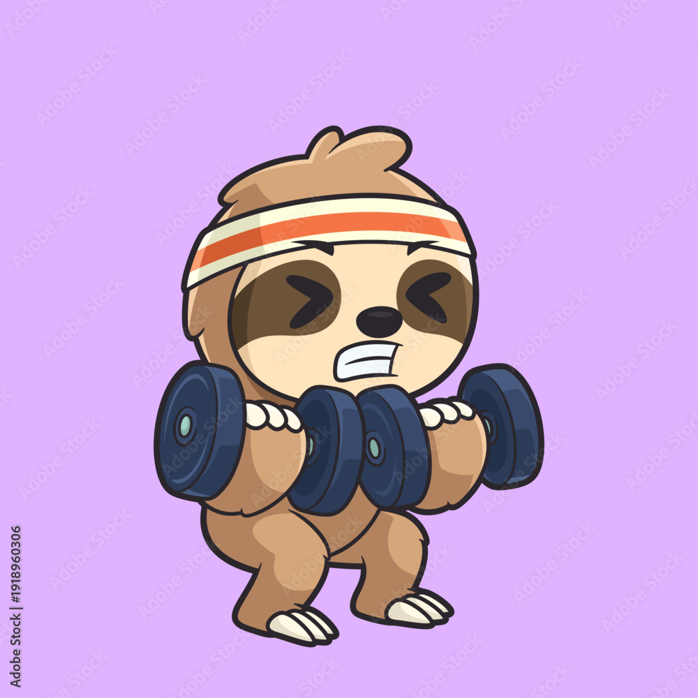 Obraz premium Cartoon Sloth Lifting Dumbbells Vector Illustration