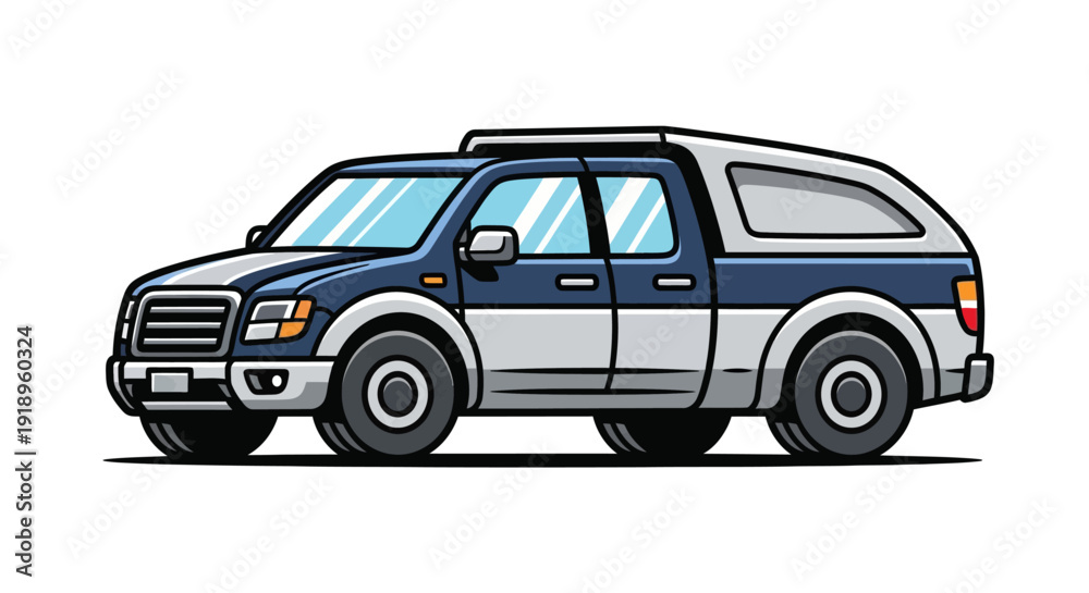 Fototapeta premium Blue pickup truck with a white camper shell vector illustration isolated on white background