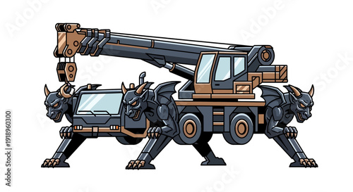 Gargoyle crane truck hybrid fantasy construction vehicle vector illustration