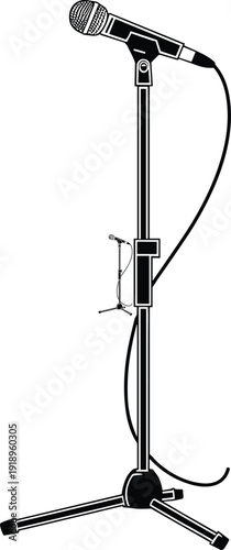 microphone, mic, stand, stage, audio, sound, music, podcast, studio, recording, singer, speech, presentation, live, concert, cable, equipment, outline, vector, illustration