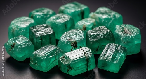 Close-up of rough, translucent emerald gemstones scattered on a dark surface