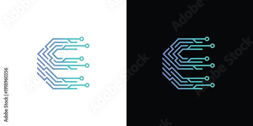 The letter 'E' logo is formed from digital circuit lines on a white or black background. It represents electronics, engineering, energy, efficiency, and the digital age.