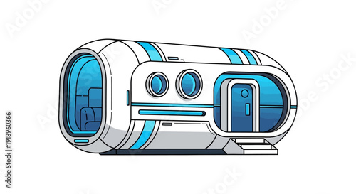 Futuristic modular living pod or sci-fi space habitat cabin illustration on white background