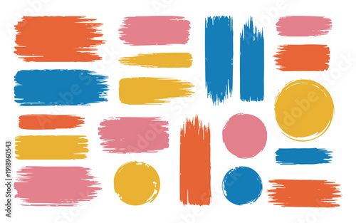 Various colorful hand painted brush strokes and shapes in orange yellow pink and blue