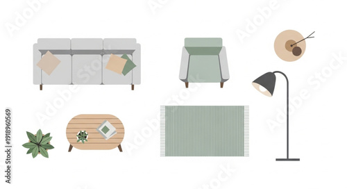Modern Living Room Furniture and Decor Elements Flat Design.