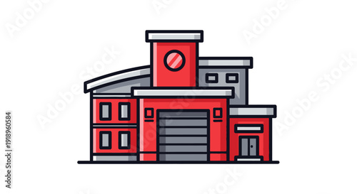 Colorful cartoon fire station building vector illustration on white background