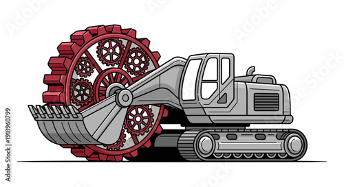 Stylized excavator with a large red gear mechanism instead of a bucket.