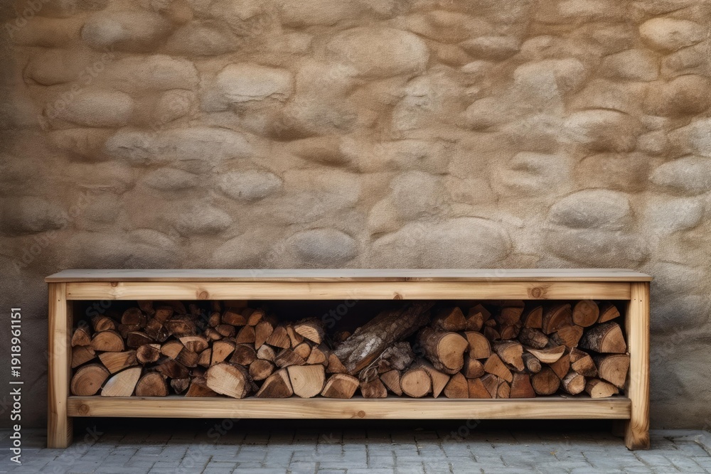Fototapeta premium Firewood pieces neatly stacked inside a wooden log rack, set against an old stone wall texture