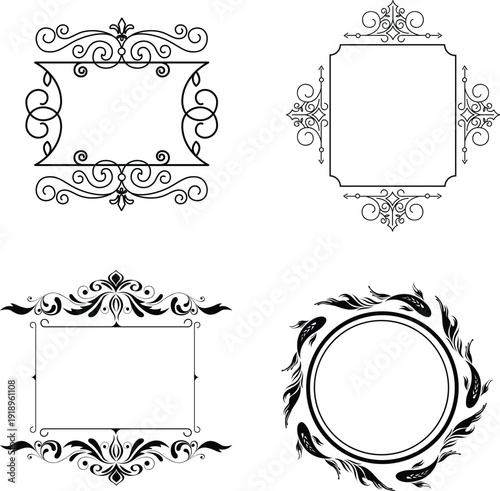 Set of six black leaf wreaths with various branch styles and foliage densities perfect for elegant wedding invitations and branding.