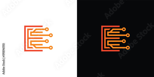 The letter 'E' logo is formed from digital circuit lines on a white or black background. It represents electronics, engineering, energy, efficiency, and the digital age.