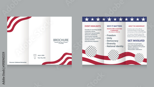 America 250 Trifold Brochure Template with USA Flag Wave Design, Vector. Editable vector design for print and digital use.