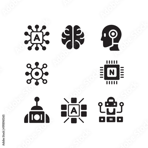 Artificial intelligence and machine learning concept icons brain robot circuits