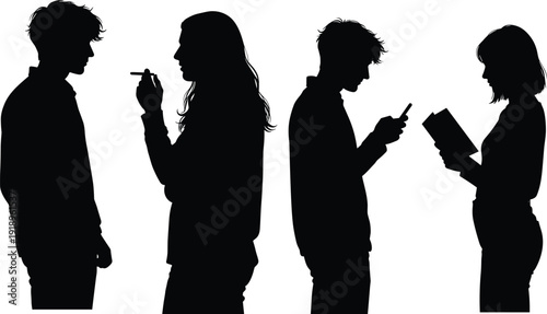 People Silhouettes Using Smartphone and Reading Book Side View Male and Female Black Vector Isolated on White