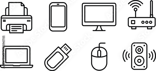 Computer hardware and technology device icon set, electronic gadgets outline vector illustration