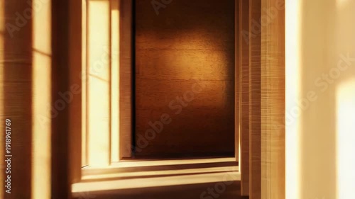 Modern architectural lobby featuring minimalist design, elegant wood paneling, comfortable seating, and warm sunlight creating dramatic shadows and a serene atmosphere