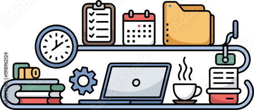 Desk organization and time management with office supplies, laptop, books, and clock on shelf.