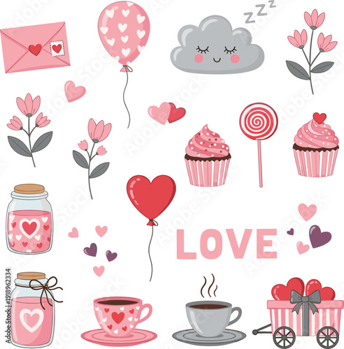 Valentine love elements collection with hearts balloons cupcakes flowers coffee gifts and romantic decorations vector set