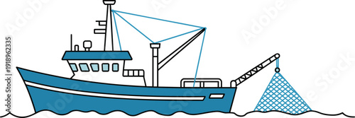 fishing, trawler, boat, vessel, ship, net, ocean, sea, marine, seafood, industry, harbor, port, nautical, transport, illustration, vector, commercial, fishing, icon