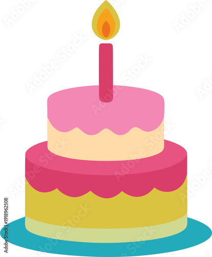 First 1st year Pink birthday cake with one candle .Flat vector illustration
