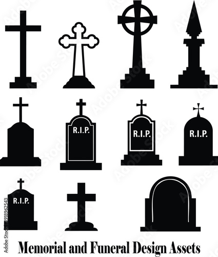 Diverse collection of memorial grave markers and religious crosses presented as dark silhouettes
