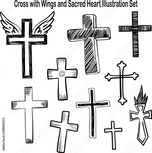 Hand drawn style Christian crosses featuring wings and sacred heart elements illustration set