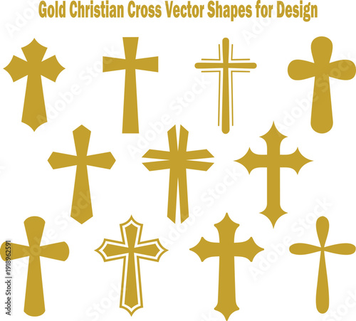 A collection of diverse gold Christian cross shapes presented on a white background, ideal for spiritual and religious themes