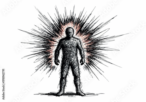 Illustration of a human figure emanating radiating lines of energy or light, symbolizing power, creativity, or transformation