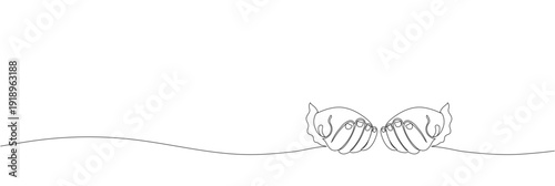 Hand pose of Give to Gain Womens Day 2026 banner with copy space. Hands folded together and holding something in one single line drawing. Continuous editable stroke design for pray