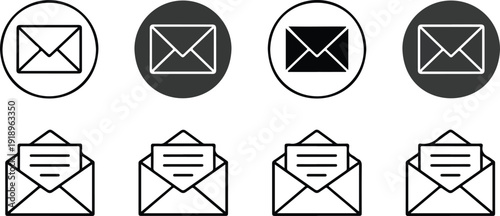 Email envelope icons set in circular and square frames, featuring outline and solid fill symbols for messages