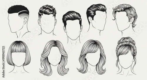 Collection of Diverse Hairstyles for Men and Women Illustrated.