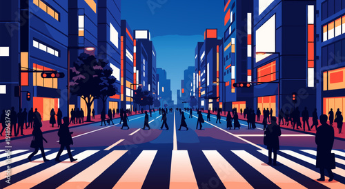 Stylized Dusk City Vector Illustration with Orange-Blue Contrast and Urban Dynamic Energy