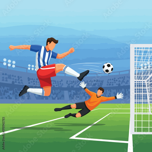 Dynamic soccer player kicking ball past goalkeeper during intense match