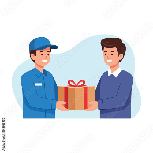 Smiling delivery man handing package to happy customer for easy gifting