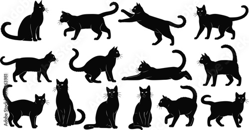 Black cat silhouette collection in various poses isolated on white background domestic feline vector illustration set