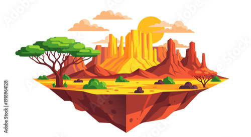 Desolate Vector Illustration of Floating Trapezoid Desert Island with Orange Rock and Greenery in White Clouds