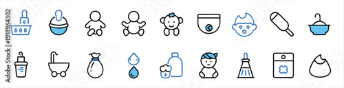 baby care blue editable stroke outline icons set isolated on